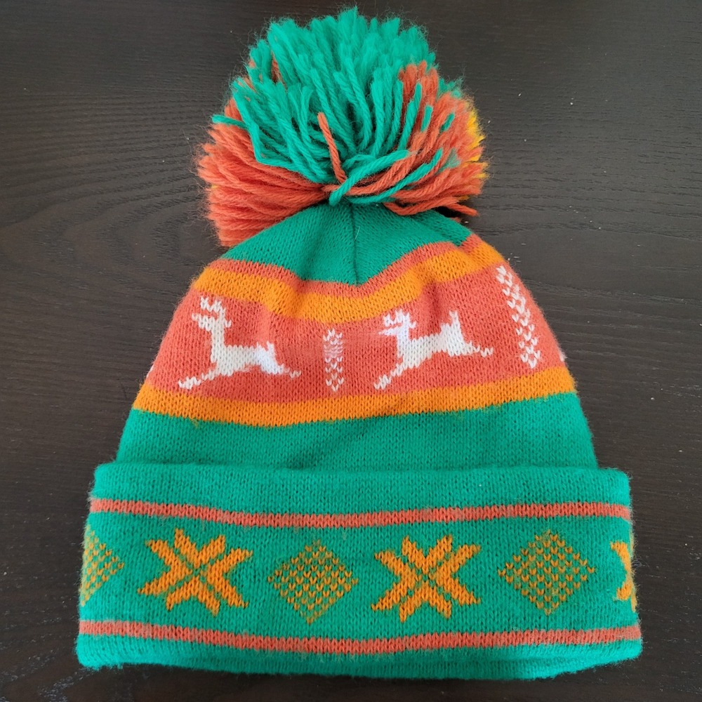 Unbranded Green Orange Beanie Pom Pom One Size Reindeer